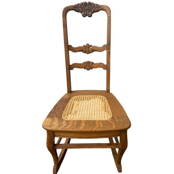 Antique Oak Rocking Chair w/ Carved Back & Cane Seat – 17” Wide Vintage rocker - Picture 2 of 10
